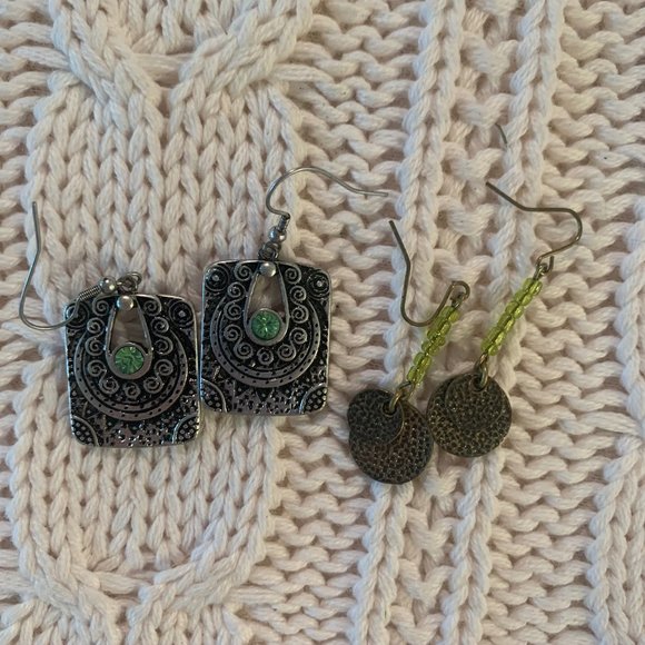 2 Pairs of Silver/Gold Earrings with Green Accents - Picture 1 of 3